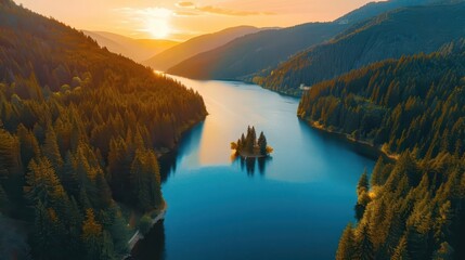 Naklejka premium majestic colorful mountain lake surrounded by towering trees at sunset aerial fantasy landscape