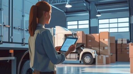A female manager at a warehouse employs a tablet for oversight as a worker handles box loading onto a delivery truck, streamlining warehouse logistics.