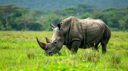 Obraz premium majestic rhino grazing in lush green grassland wildlife animal photography