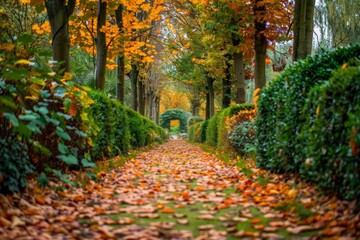 Serene Garden Path with Fallen Leaves Leading to Hidden Nook in Autumn