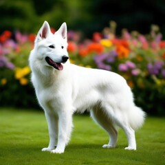 A white Swiss Shepherd stands in a bright garden - an image generated by artificial intelligence