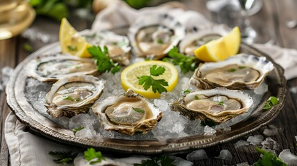 Fresh opened oysters on the silver plate with lemon and parsley on ice cubes