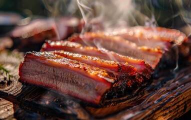 Slices of barbecue pork with smoky edges, moody lighting, focus on, mouthwatering appeal, vibrant, Composite, cozy backyard backdrop