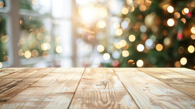 A pristine white wooden table top set against a soft, blurred Christmas background, perfect for showcasing products or creating festive montages with a touch of holiday spirit.