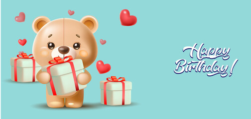 Greeting card with cute bear and gifts on blue background
