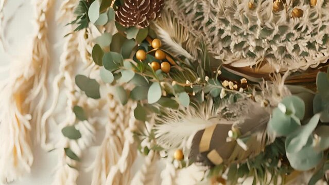A bohemianinspired wreath with feathers macrame accents and dried eucalyptus.
