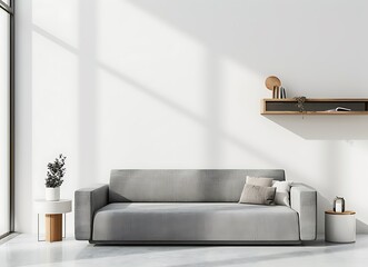 Modern living room interior with a grey sofa against an empty wall mockup, a white side table and a wooden shelf for decoration