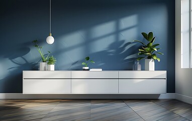 Modern living room interior with a white cabinet and dark blue wall mock up, Minimal style home design concept background, 3D rendering illustration
