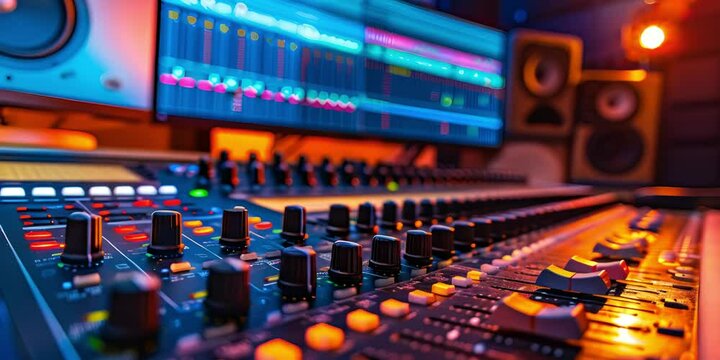 Sleek recording studio interior with digital sound mixing console and professional equipment. Concept Recording Studios, Sound Mixing Consoles, Professional Equipment, Interior Design