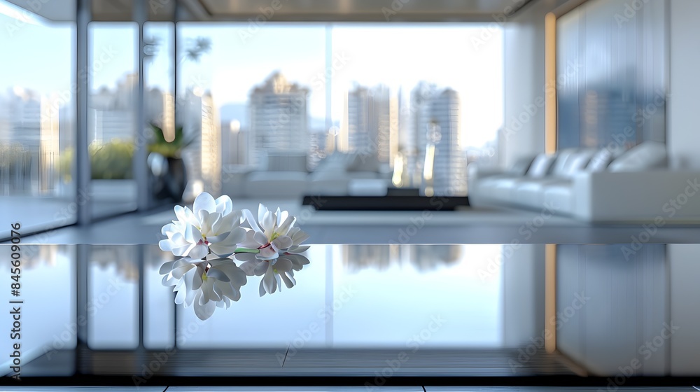 Poster Luxurious Apartment Skyline Reflection Showcasing Empty Table for Product Display