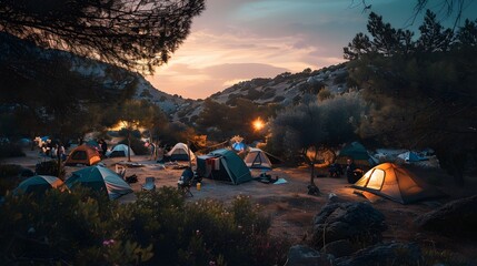 A picturesque camping site in nature with tents and campfire, mountain, generated by AI