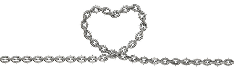 3D illustration captures the essence of love. Sharp-tipped metal chains gracefully form a heart shape, symbolizing eternal connection (transparent PNG background).