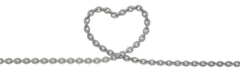 A modern twist on love! This 3D render showcases sharp metal chains intricately woven into a heart shape (transparent PNG background). Ideal for adding an industrial edge to your art projects.