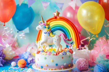 Colorful Unicorn and Rainbow Birthday Cake with Balloons and Party Decorations for Kids' Celebration