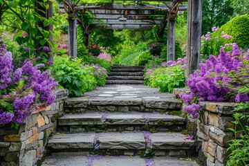 Tranquil Garden Path with Stone Steps, Tall Flowering Plants, and Wooden Arbor Entrance