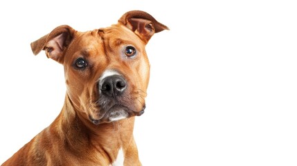 Obraz premium Red American Staffordshire Terrier with cropped ears sitting indoors against a white background