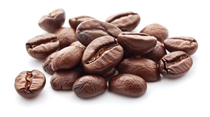 Fototapeta premium An up-close view of roasted coffee beans shows their dark, glossy appearance and textured details. Perfect for brewing, these beans promise a strong and aromatic cup of coffee.