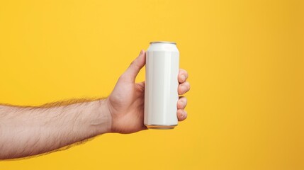 Hand Holding Blank Can on Yellow Background, Generative AI