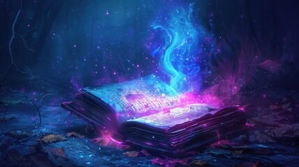 Naklejka premium ominous witchs spellbook illuminated by vivid rgb colors dark cinematic digital illustration