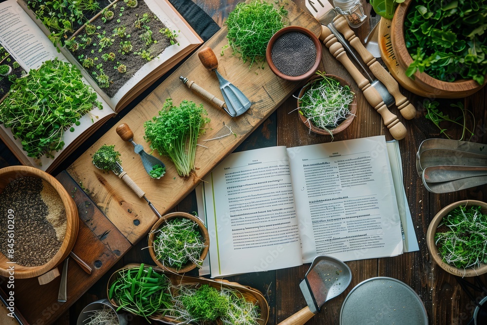 Poster A flat lay photo showcasing various microgreen recipe books and fresh ingredients on a wooden table. Generative AI