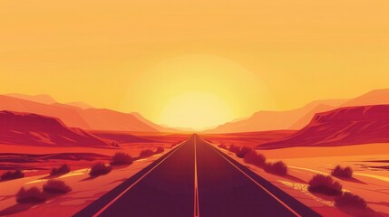 open road through barren desert at sunrise journey of perseverance and freedom abstract landscape concept illustration