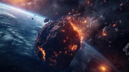 Massive asteroid threatening Earth, apocalyptic scenario, burning debris in space, dark and dramatic, highdefinition, realistic textures