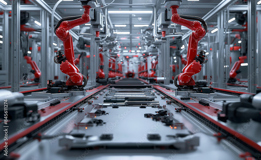 Poster a high-tech battery module in a modern factory setting, showcasing advanced technology.