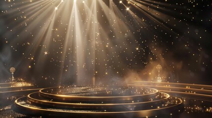 podium with golden light lamps and sparkling rays on a black background creating a luxurious and awardwinning stage setting digital illustration