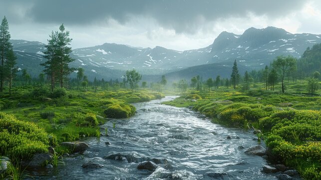On a cloudy day a winding river flows through lush mountain meadows setting the scene for the celebration of the International Day of Forests and World Environment  - Powered by Adobe
