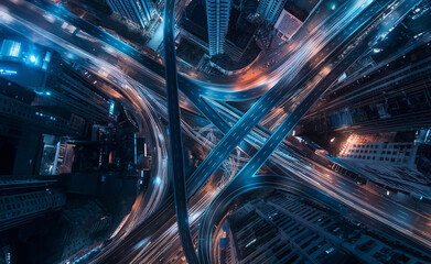 An aerial view of a complex highway interchange at night with illuminated roads and traffic.