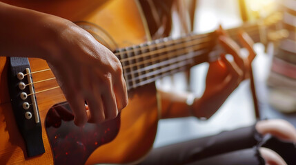 Fototapeta premium Close-up of a woman's hand playing an acoustic guitar.