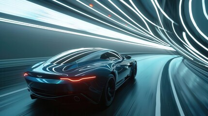 Fototapeta premium rear view of blue business car speeding through highway turn motion blur digital art