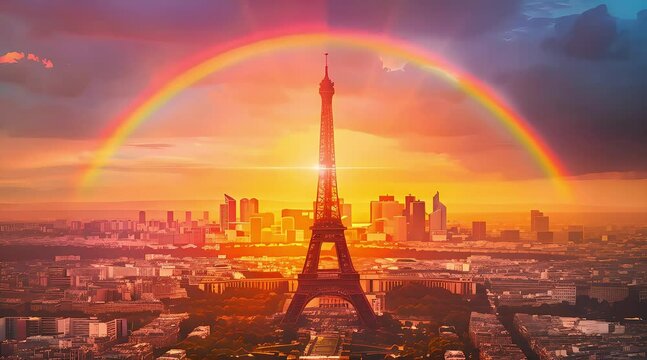 A rainbow in the sky, a view from above of Paris with the Eiffel tower in sunset, photo realistic in the style of canon eos r5