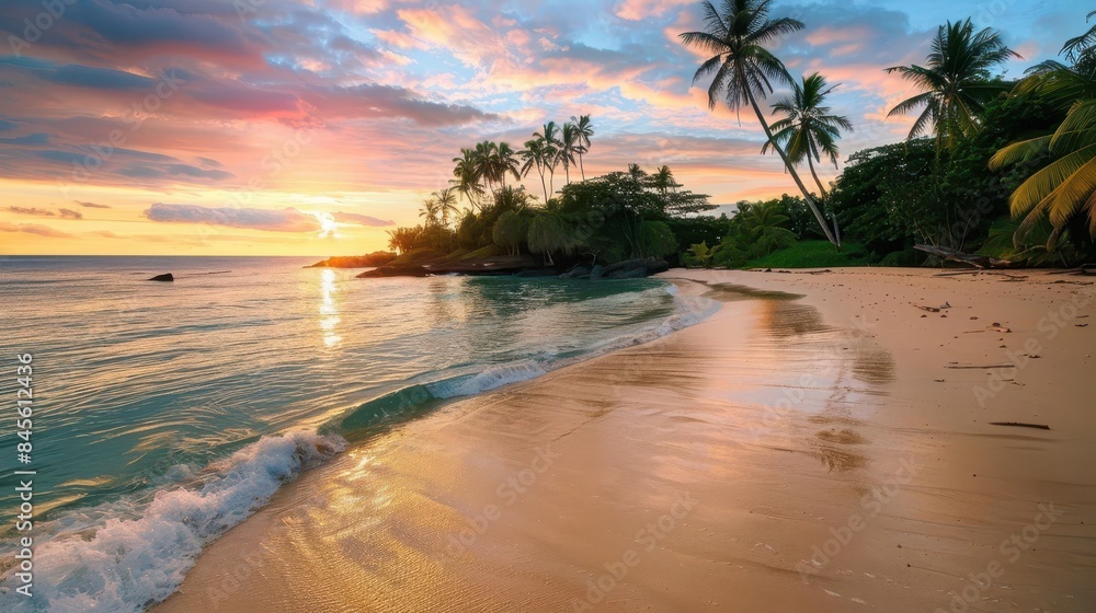 Sticker romantic sunset on a serene sandy beach idyllic seascape photography - Stickers