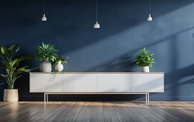 Modern living room interior with a white cabinet and wooden floor, dark blue wall background mock up