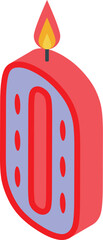 Red birthday cake candle shaped as number 0 with lit flame