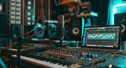 Sleek recording studio interior with digital sound mixing console and professional equipment. Concept Recording Studios, Sound Mixing Consoles, Professional Equipment, Interior Design