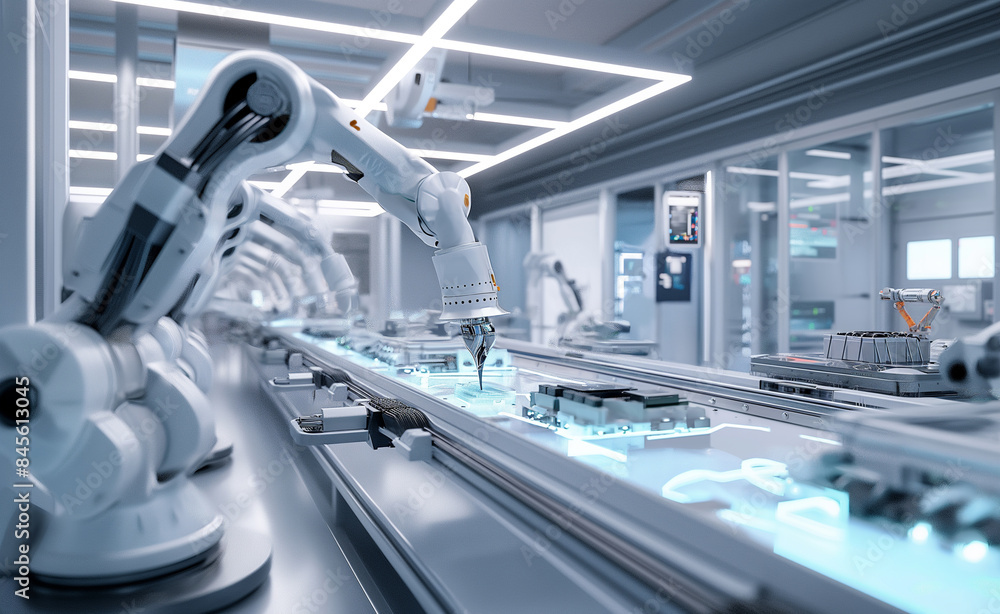 Poster a high-tech factory with robotic arms working on assembly lines, illustrating automation and advance