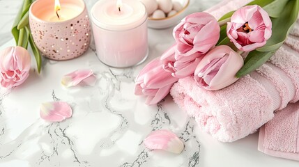 a modern bathroom interior scene featuring a marble counter adorned with tulips and a candle on a tray, captured in a close-up view, with ample copy space for text.
