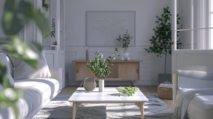 serene scandinavian living room with minimalist decor and natural elements digital rendering