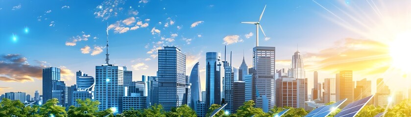Renewable Energy Powered Futuristic Cityscape Reflecting Business Disruption and Innovation
