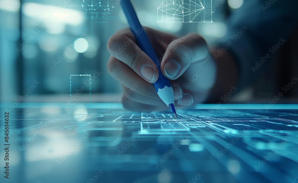 Poster a person using a stylus on a glowing digital interface, illustrating high-tech design and interactio