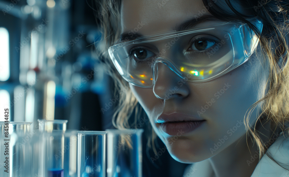 Poster a scientist in safety goggles closely examining colorful test tubes in a laboratory, representing sc