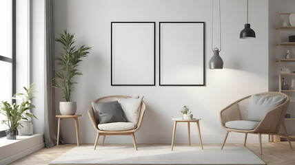 Poster frame mock-up in home interior background with sofa, table and decor in living room; Interior mockup with house background; Modern interior design; 3D render