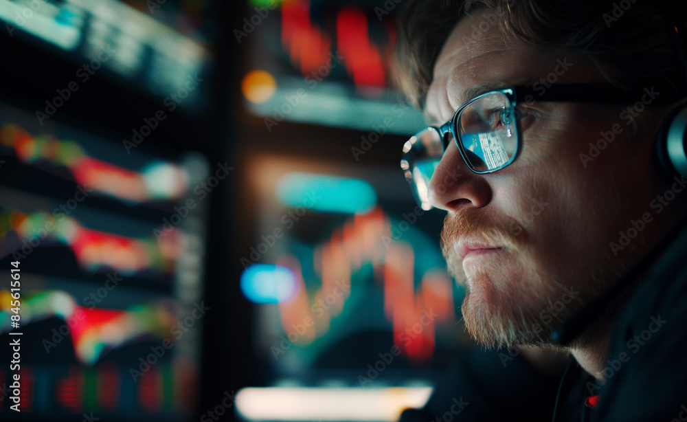 Poster a man with glasses intensely analyzing stock market charts on multiple computer screens, symbolizing