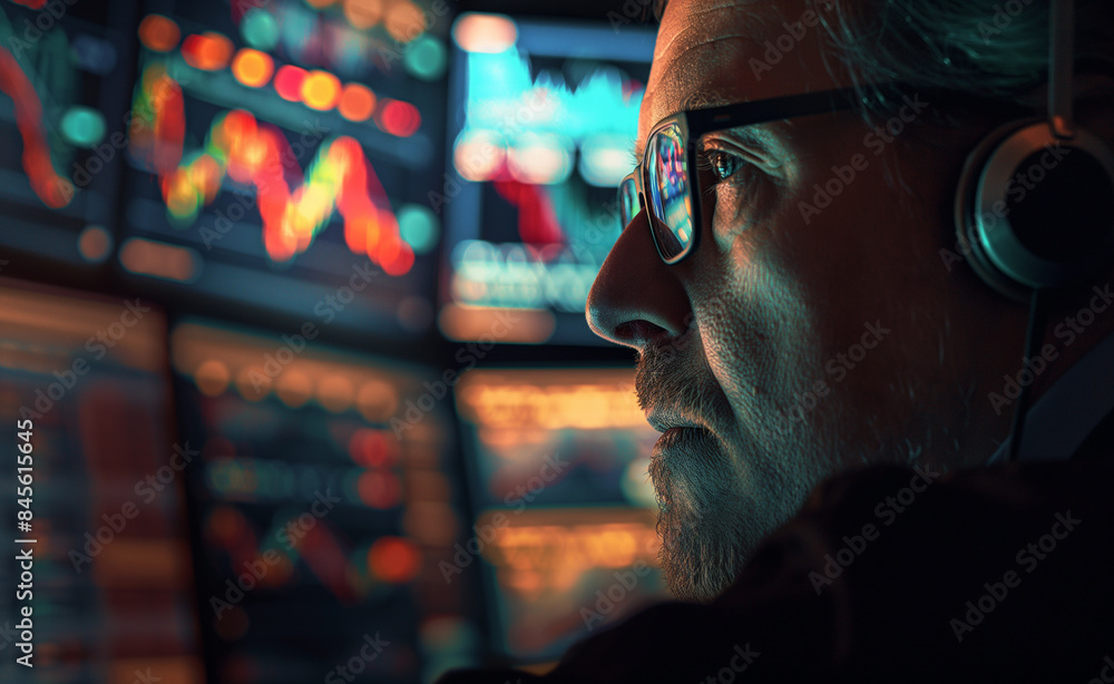 Poster a man with glasses intensely analyzing stock market charts on multiple computer screens, symbolizing