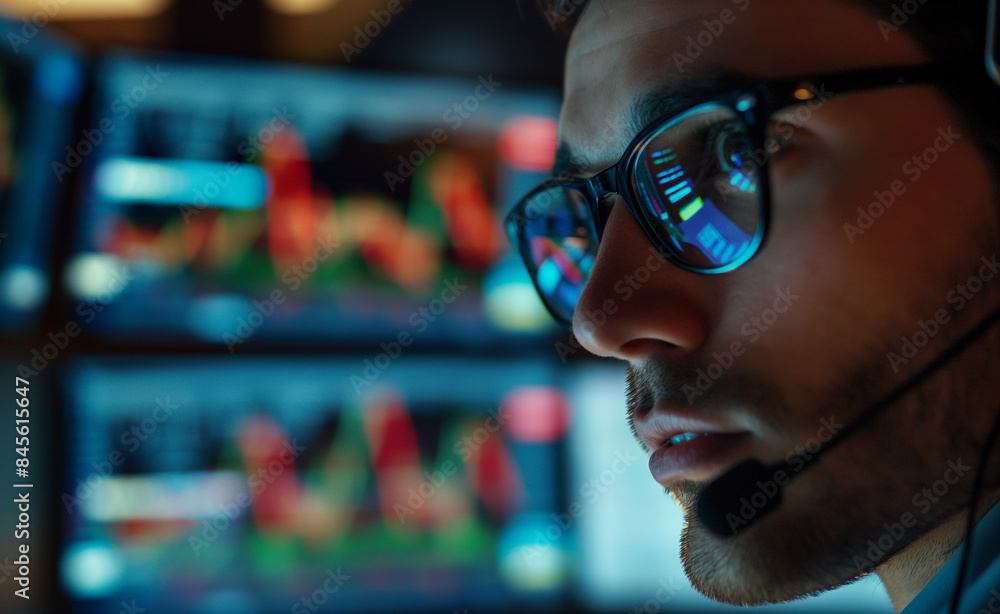 Poster a man with glasses intensely analyzing stock market charts on multiple computer screens, symbolizing