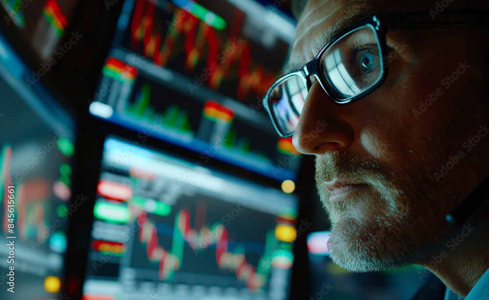 Poster a man with glasses intensely analyzing stock market charts on multiple computer screens, symbolizing