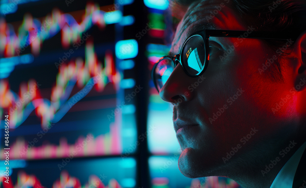 Poster a man with glasses intensely analyzing stock market charts on multiple computer screens, symbolizing