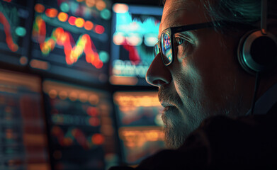A man with glasses intensely analyzing stock market charts on multiple computer screens, symbolizing financial analysis and trading.